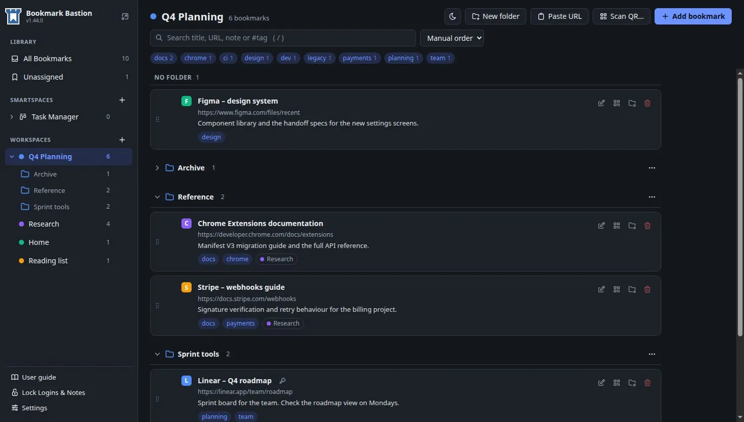 The same manager in dark mode, with a dark sidebar and bookmark cards.