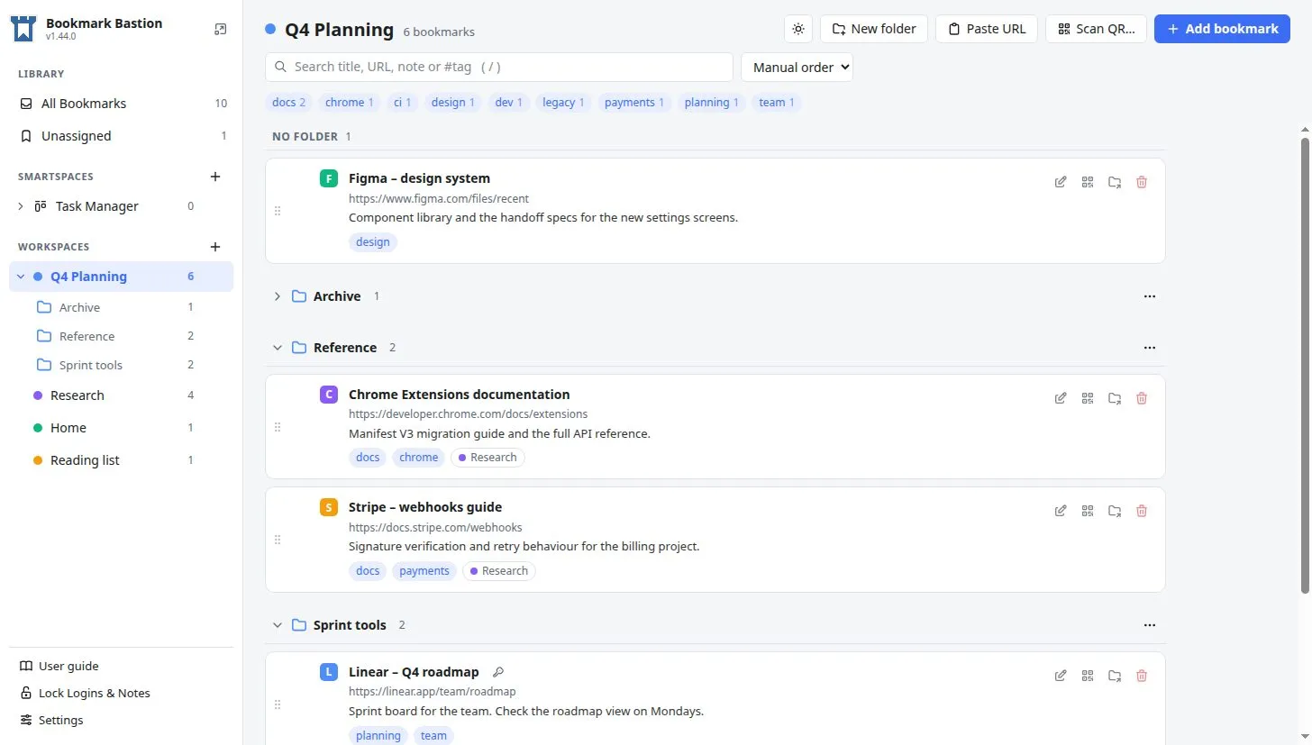 The Bookmark Bastion manager in light mode, showing a sidebar of workspaces and folders, and a list of bookmarks with notes, tags and a saved-login key icon.