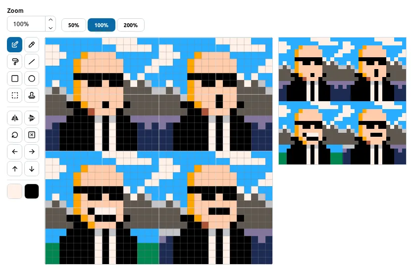 The PICO-m8 sprite editor, showing a grid of pixel-art sprites being edited, a column of drawing tools, zoom controls and a live preview of the sprite sheet.