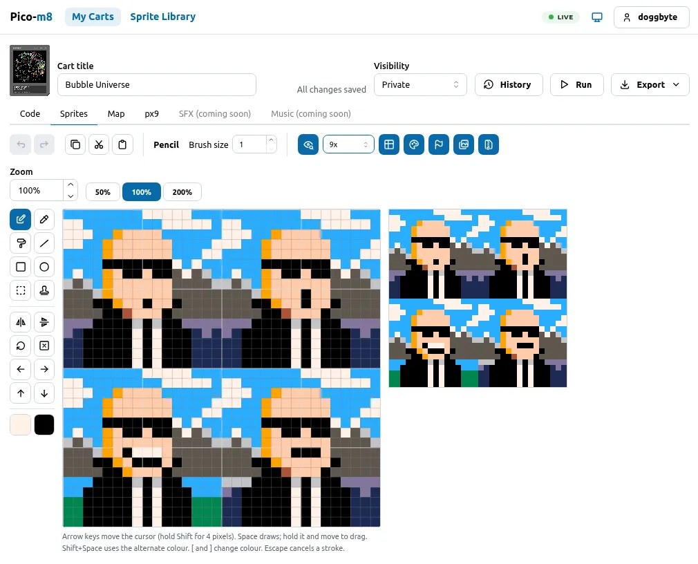 The full PICO-m8 editor on the Sprites tab, with the My Carts and Sprite Library navigation, the cart title, History, Run and Export buttons, tabs for Code, Sprites, Map and px9, and the sprite canvas with its preview.